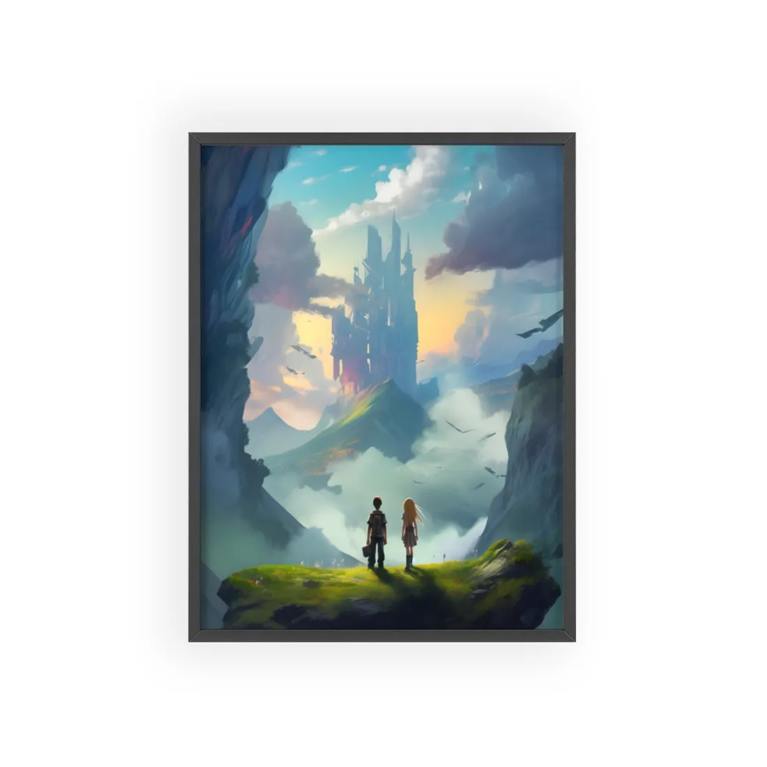 Girl and Boy on Cloudy Meadow: Candid Moment - Framed Poster