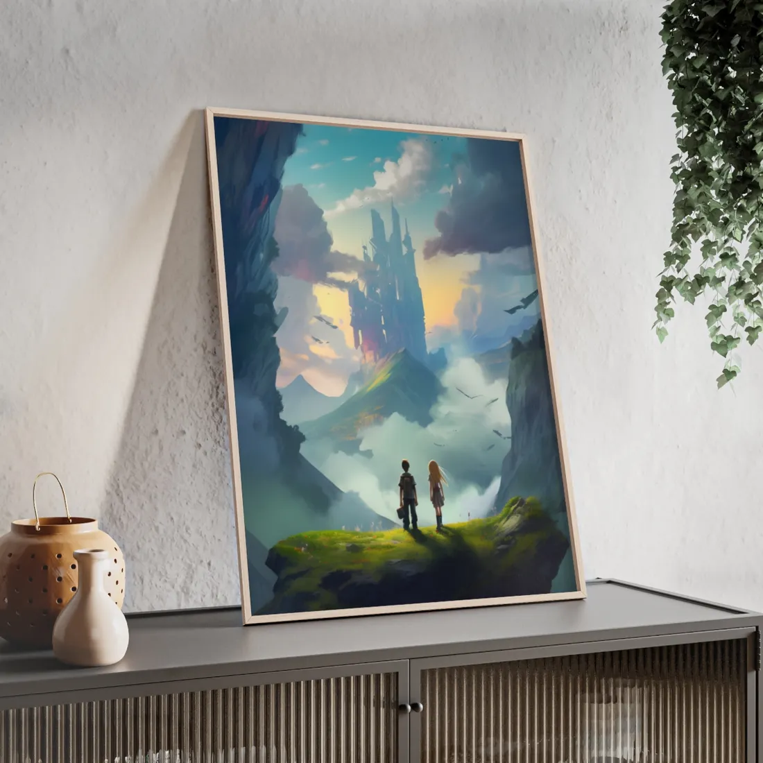 Girl and Boy on Cloudy Meadow: Candid Moment - Framed Poster