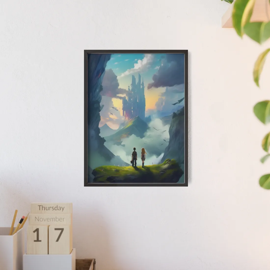 Girl and Boy on Cloudy Meadow: Candid Moment - Framed Poster