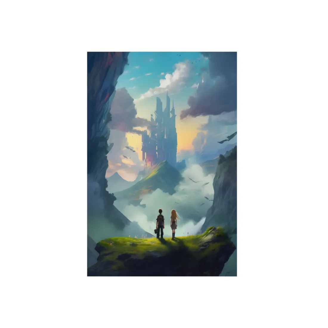 Girl and Boy on Cloudy Meadow: Candid Moment - Metal Poster