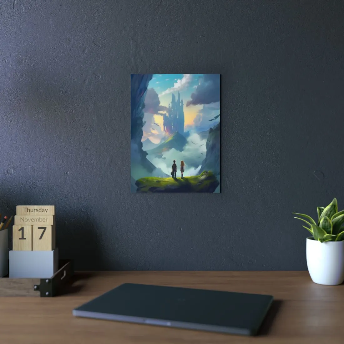Girl and Boy on Cloudy Meadow: Candid Moment - Metal Poster