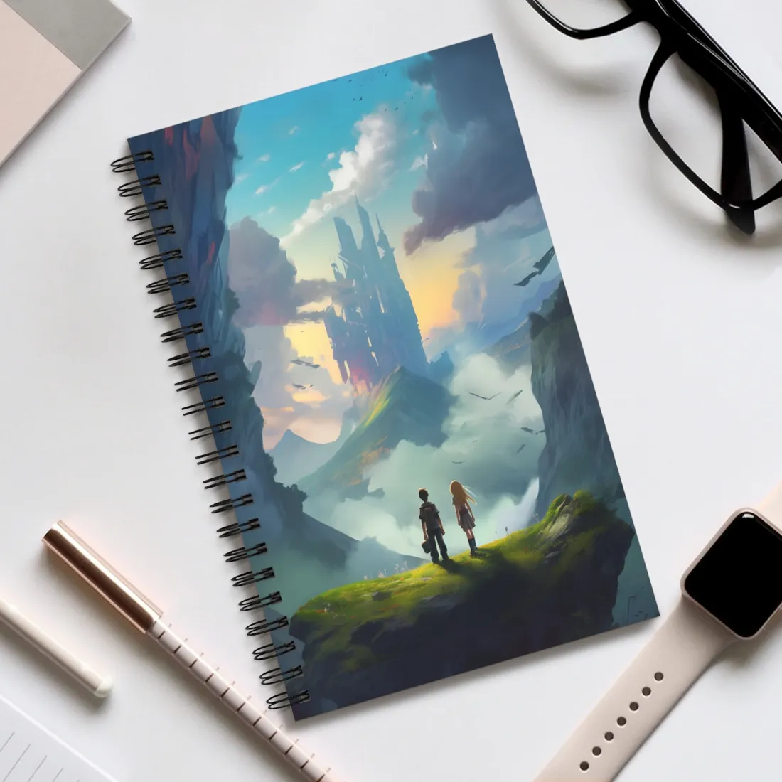 Girl and Boy on Cloudy Meadow: Candid Moment - Spiral Notebook