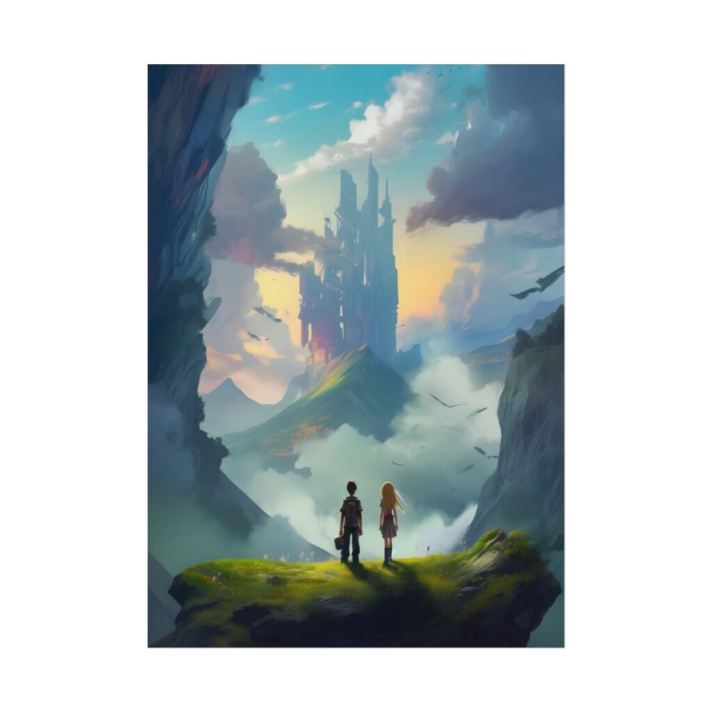 Girl and Boy on Cloudy Meadow: Candid Moment - Poster