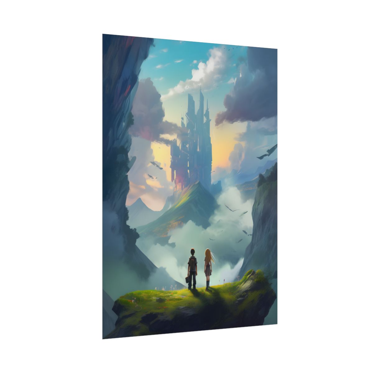 Girl and Boy on Cloudy Meadow: Candid Moment - Poster