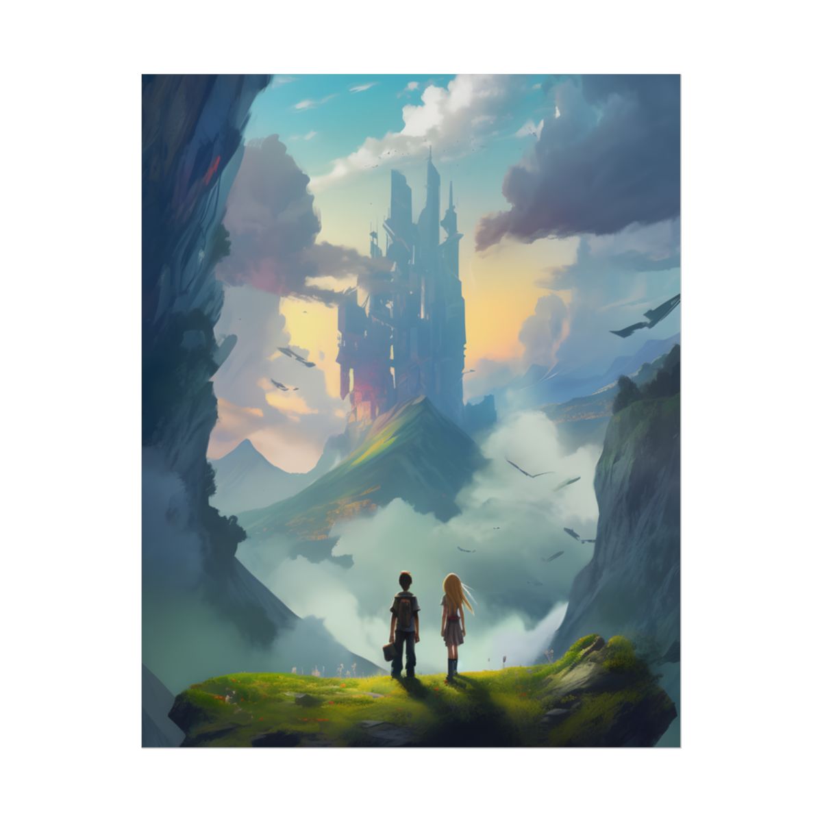 Girl and Boy on Cloudy Meadow: Candid Moment - Poster