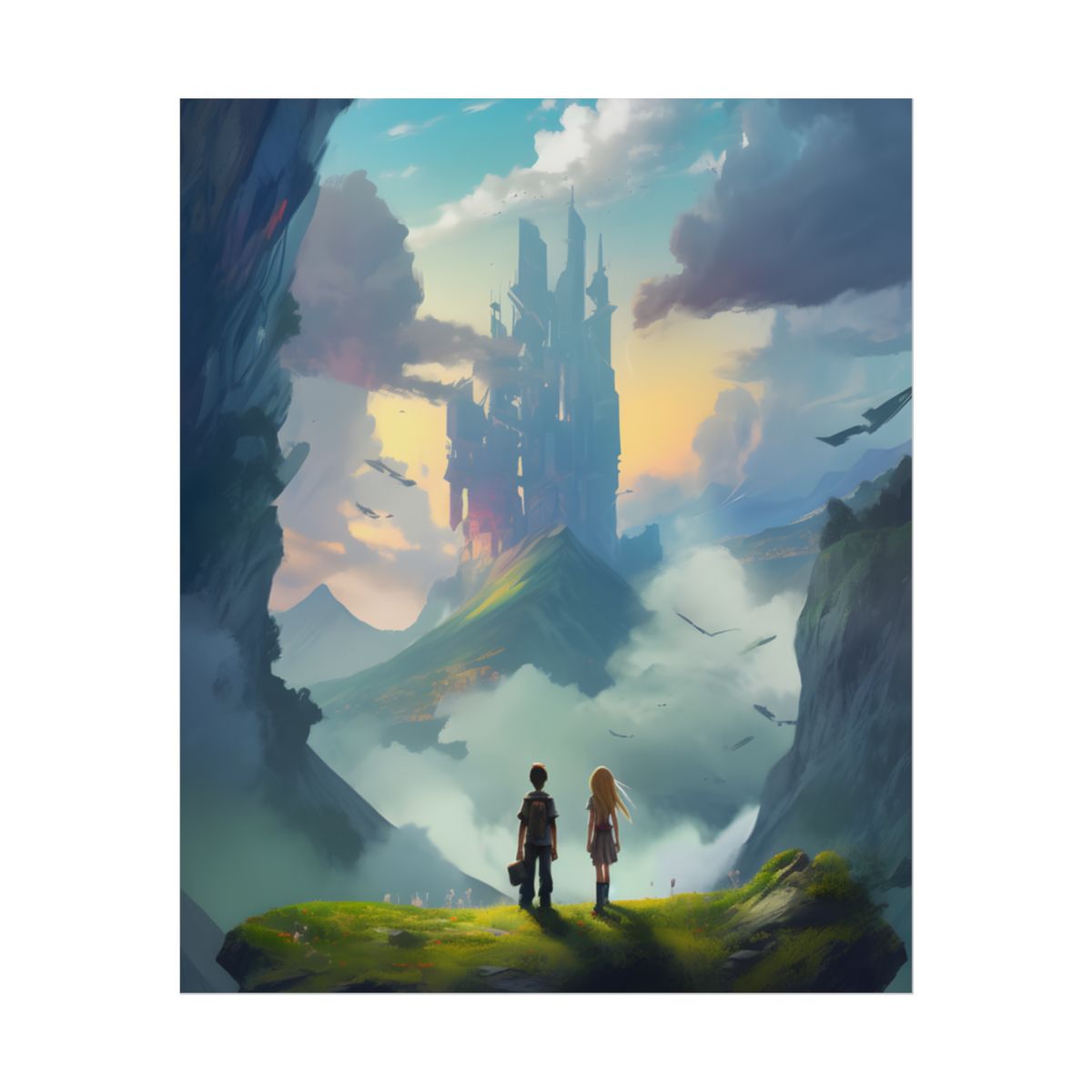 Girl and Boy on Cloudy Meadow: Candid Moment - Poster