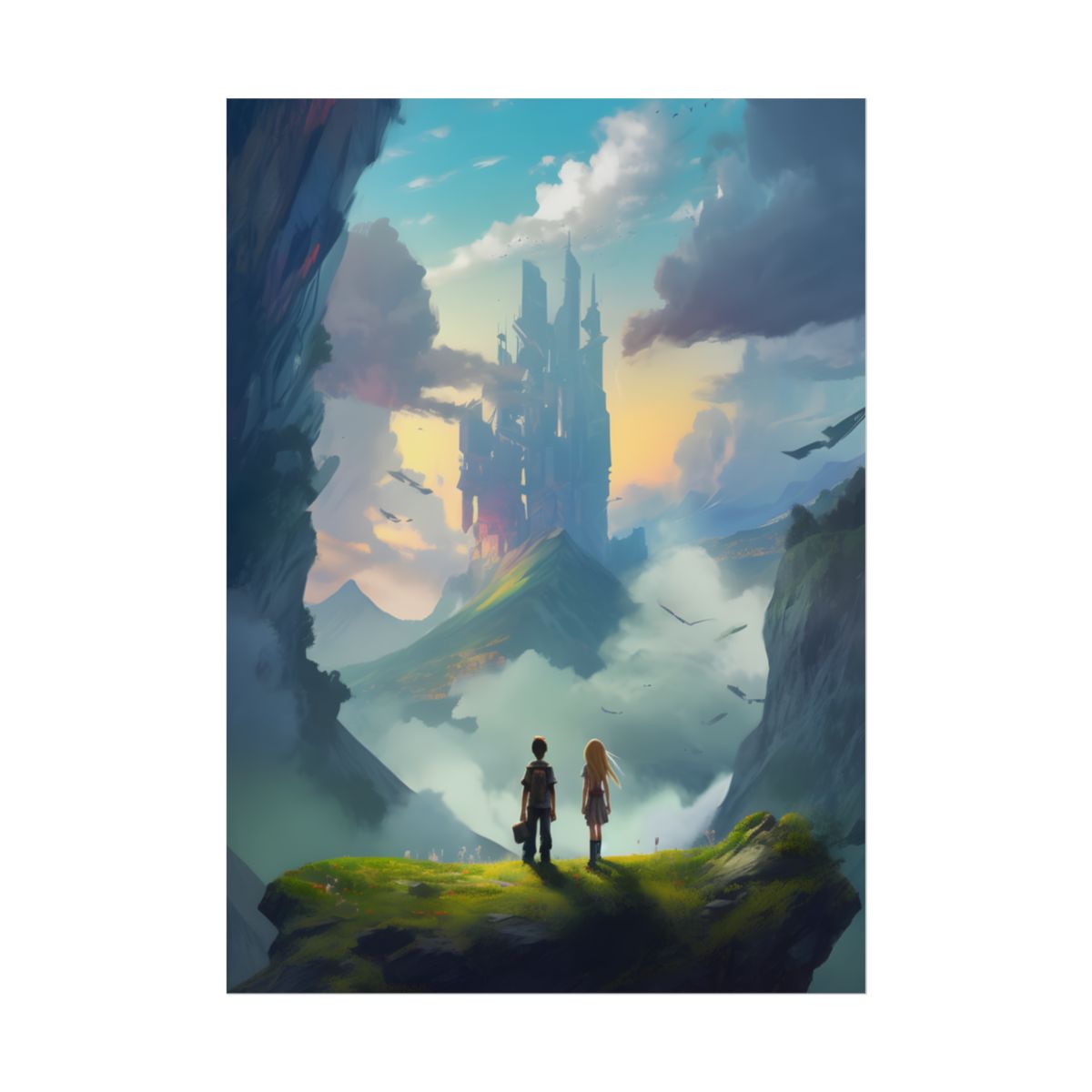 Girl and Boy on Cloudy Meadow: Candid Moment - Poster