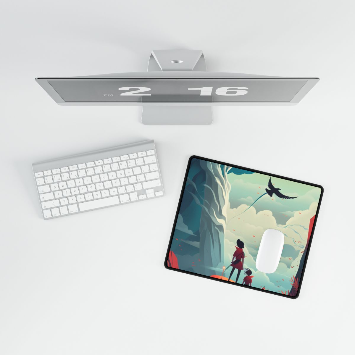 Girl and Boy: Serene Meadow Scene with Cloudy Sky - Desk Mat
