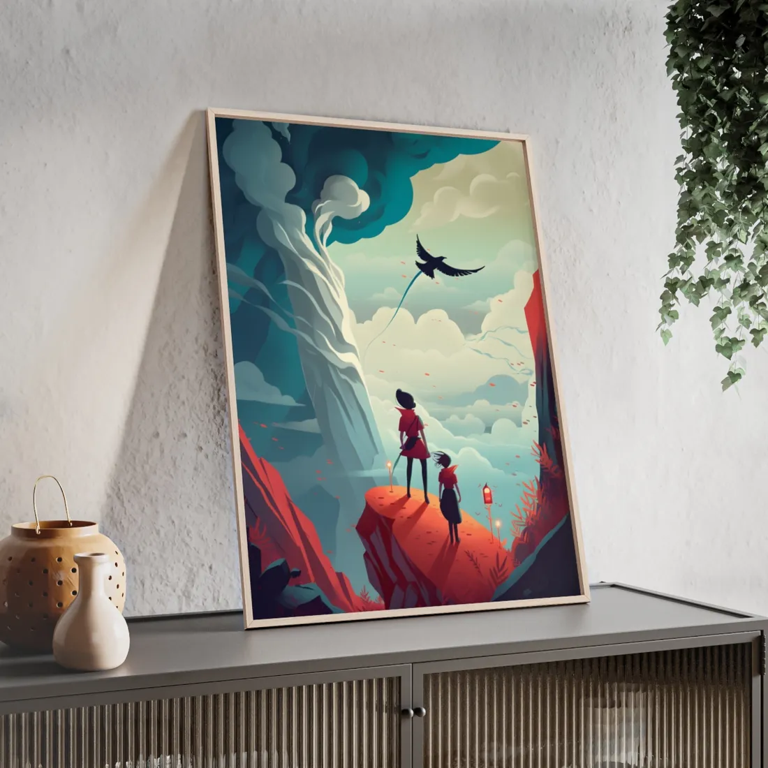 Girl and Boy: Serene Meadow Scene with Cloudy Sky - Framed Poster