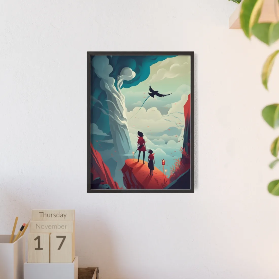 Girl and Boy: Serene Meadow Scene with Cloudy Sky - Framed Poster