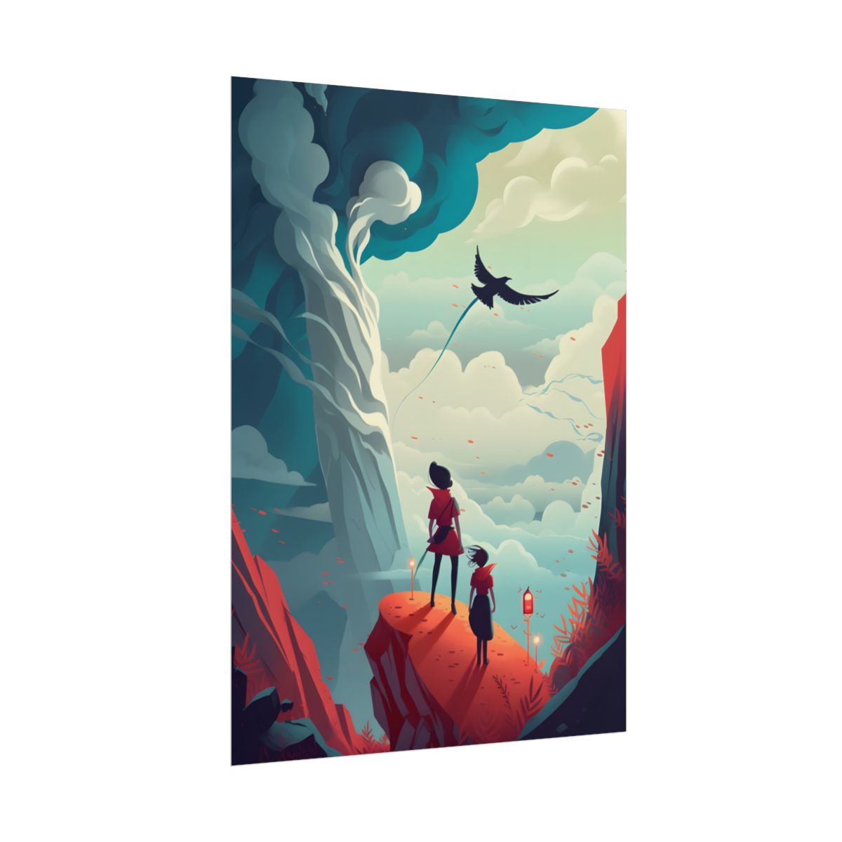 Girl and Boy: Serene Meadow Scene with Cloudy Sky - Poster