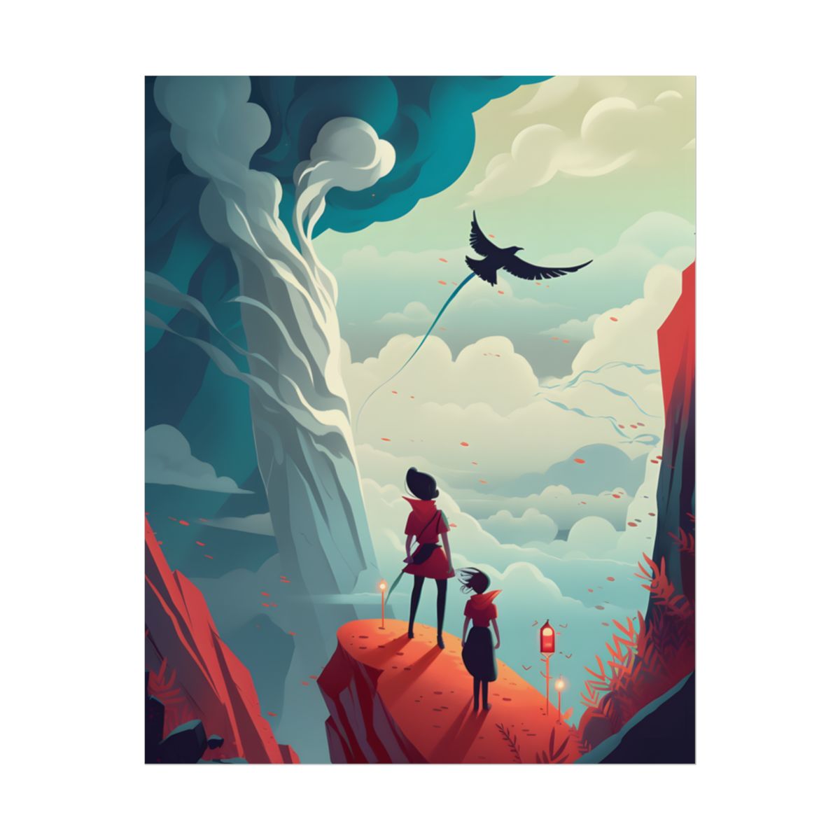 Girl and Boy: Serene Meadow Scene with Cloudy Sky - Poster