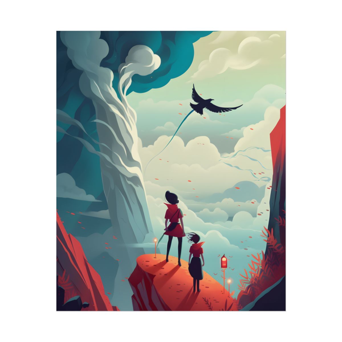 Girl and Boy: Serene Meadow Scene with Cloudy Sky - Poster