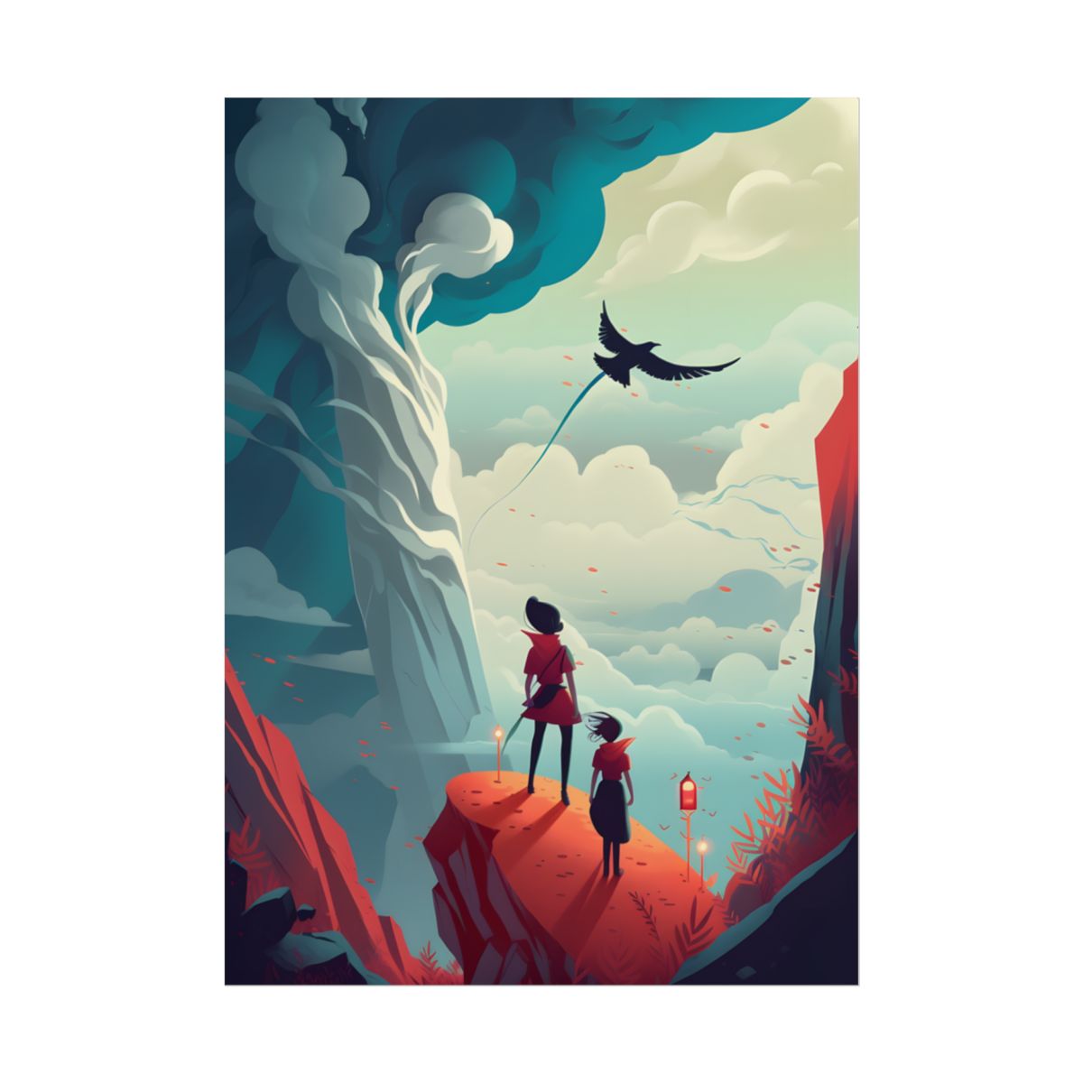 Girl and Boy: Serene Meadow Scene with Cloudy Sky - Poster