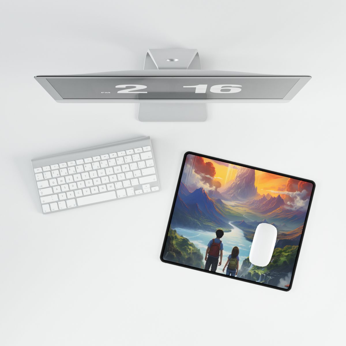 Girl, Boy, Meadow: A Peaceful Cloudy Day Artwork - Desk Mat