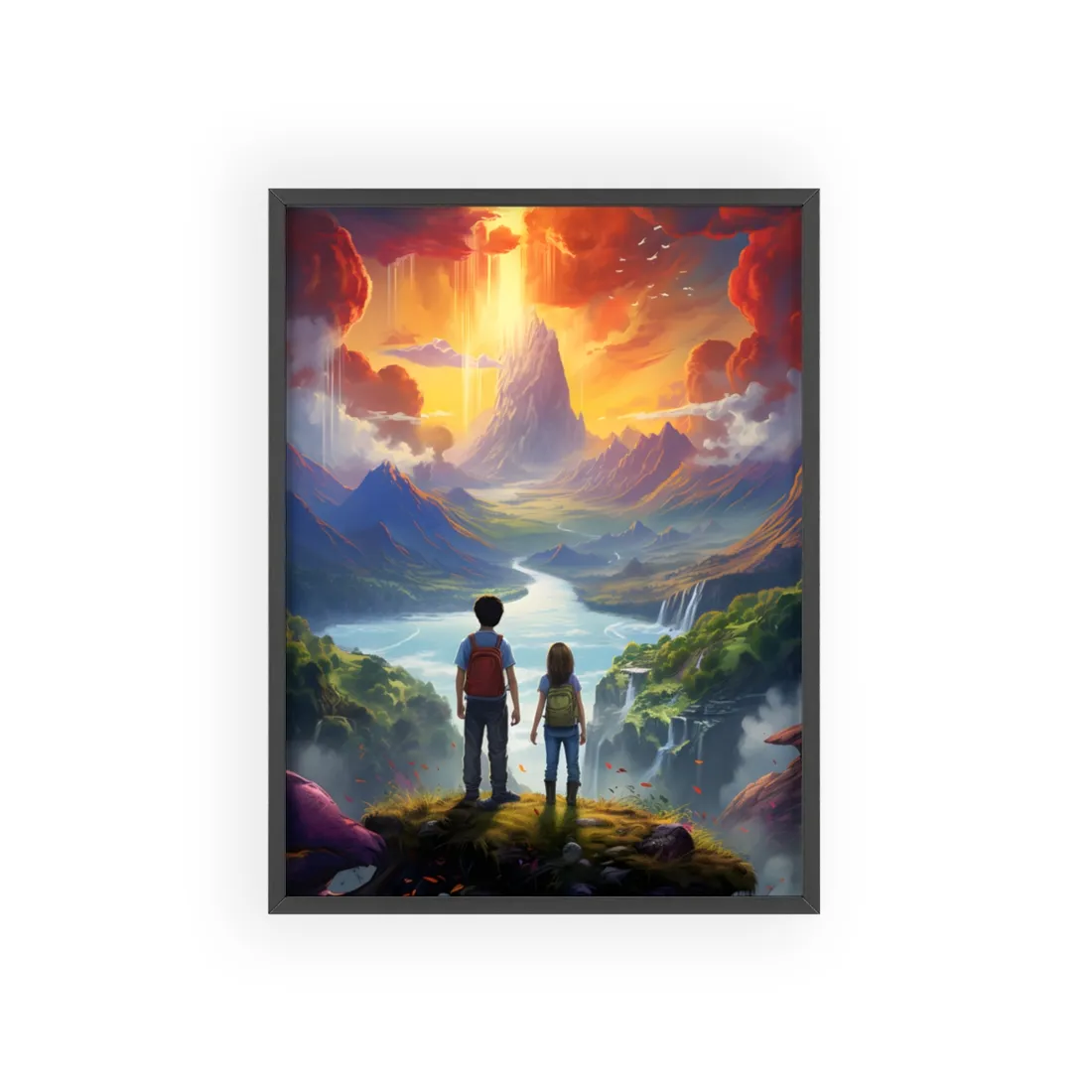 Girl, Boy, Meadow: A Peaceful Cloudy Day - Framed Poster
