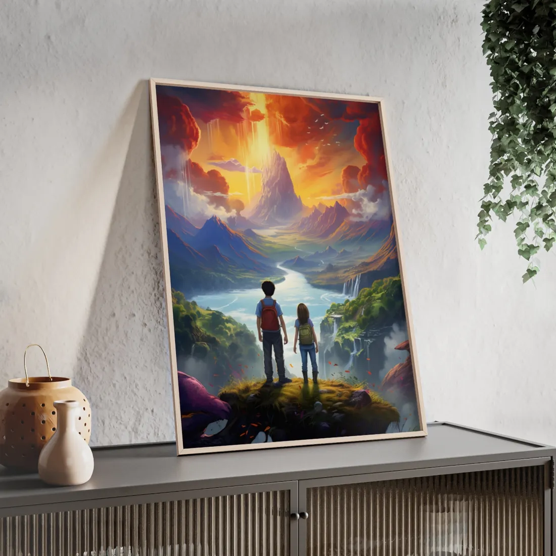Girl, Boy, Meadow: A Peaceful Cloudy Day - Framed Poster