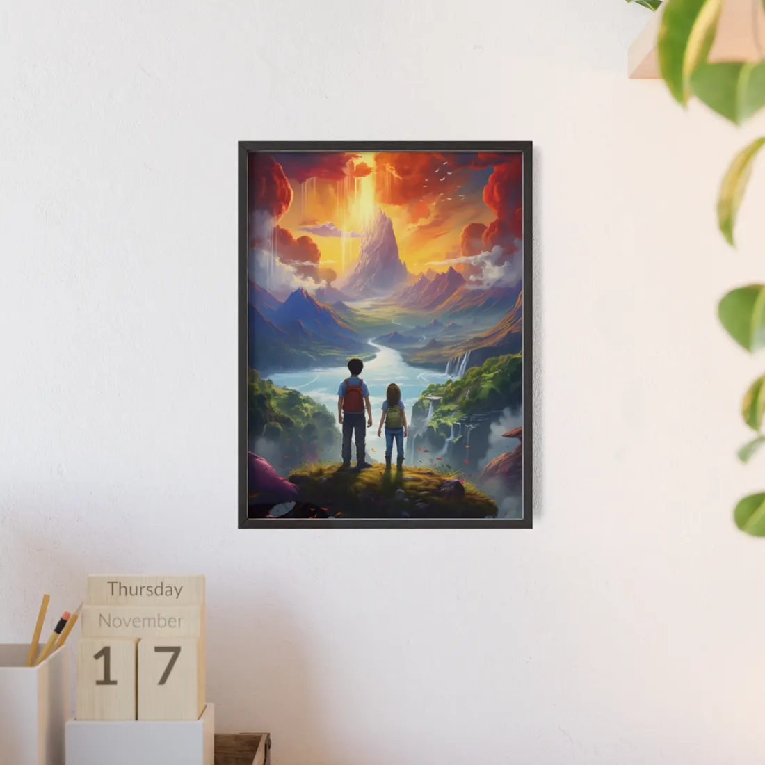 Girl, Boy, Meadow: A Peaceful Cloudy Day - Framed Poster