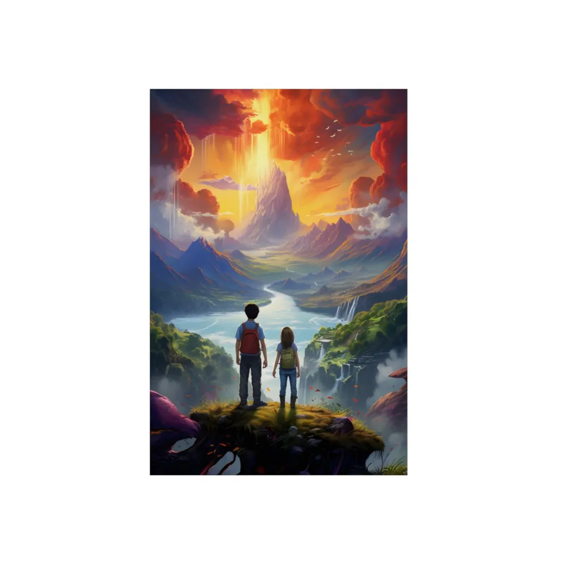 Girl, Boy, Meadow: A Peaceful Cloudy Day - Metal Poster