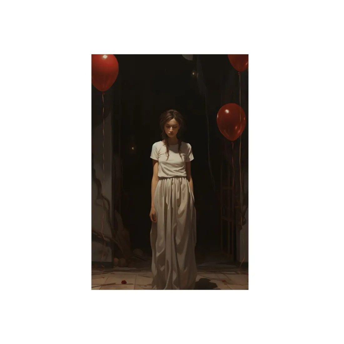 Girl in White with a Red Balloon: Whimsical Portrait - Metal Poster