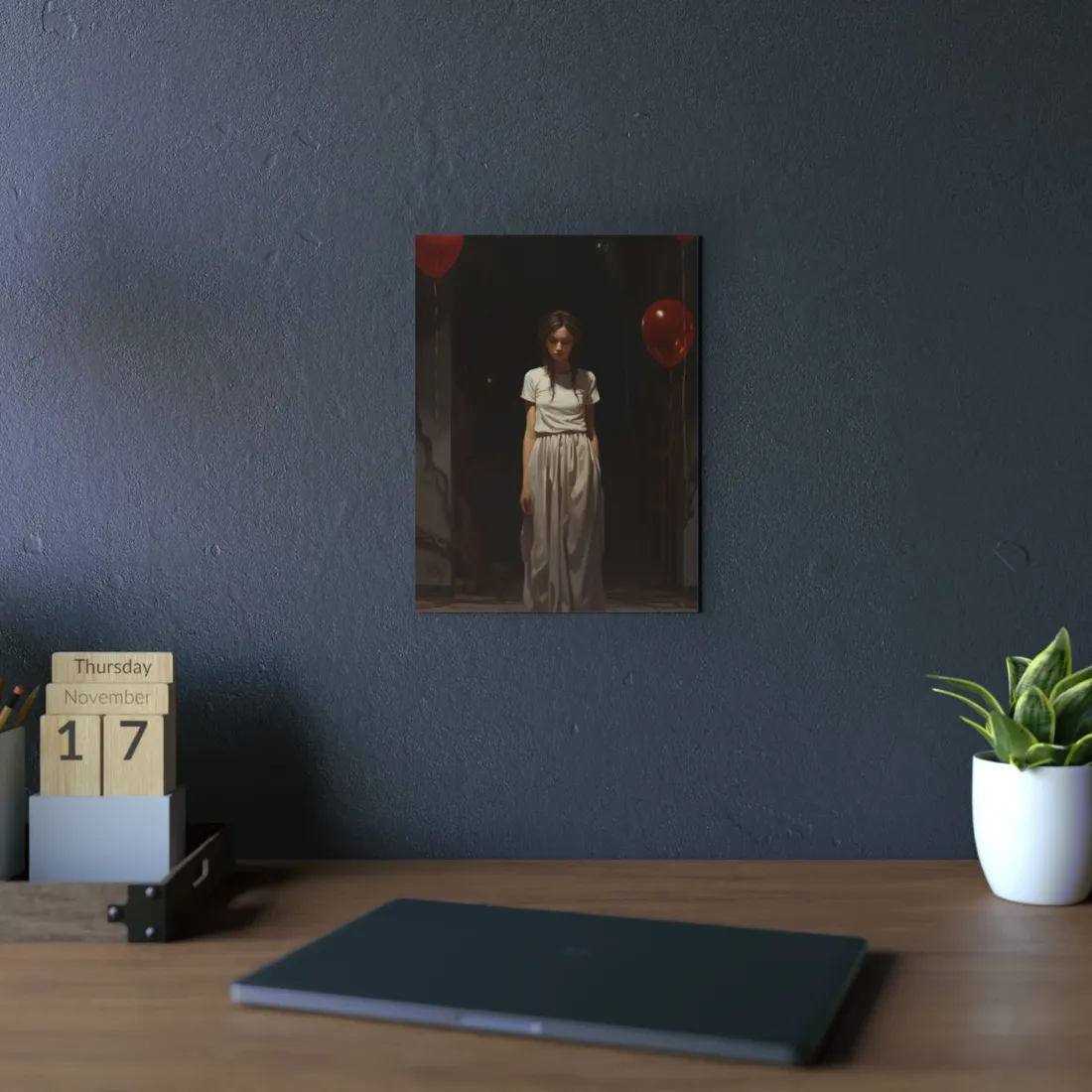 Girl in White with a Red Balloon: Whimsical Portrait - Metal Poster