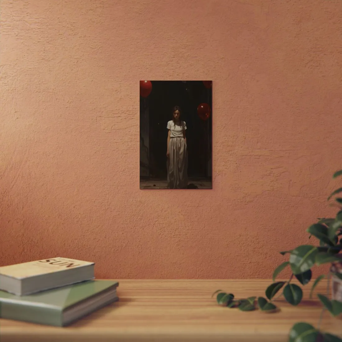 Girl in White with a Red Balloon: Whimsical Portrait - Metal Poster