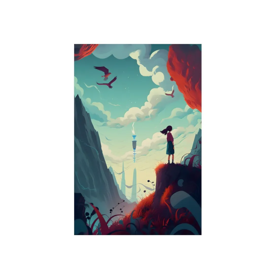 Girl on Cliff Overlooking Distant Tower: Fantasy Vista Art - Metal Poster