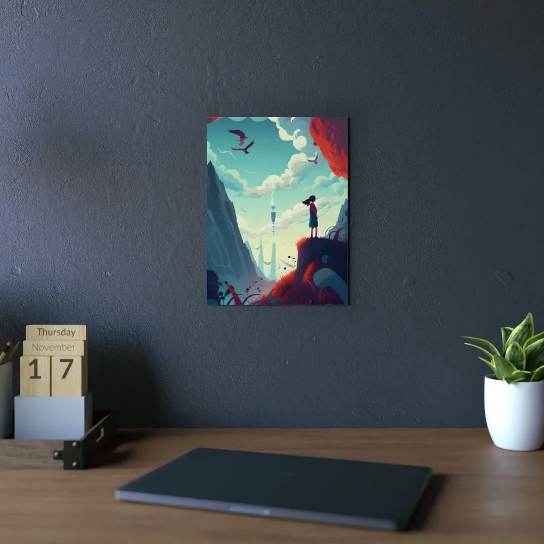 Girl on Cliff Overlooking Distant Tower: Fantasy Vista Art - Metal Poster