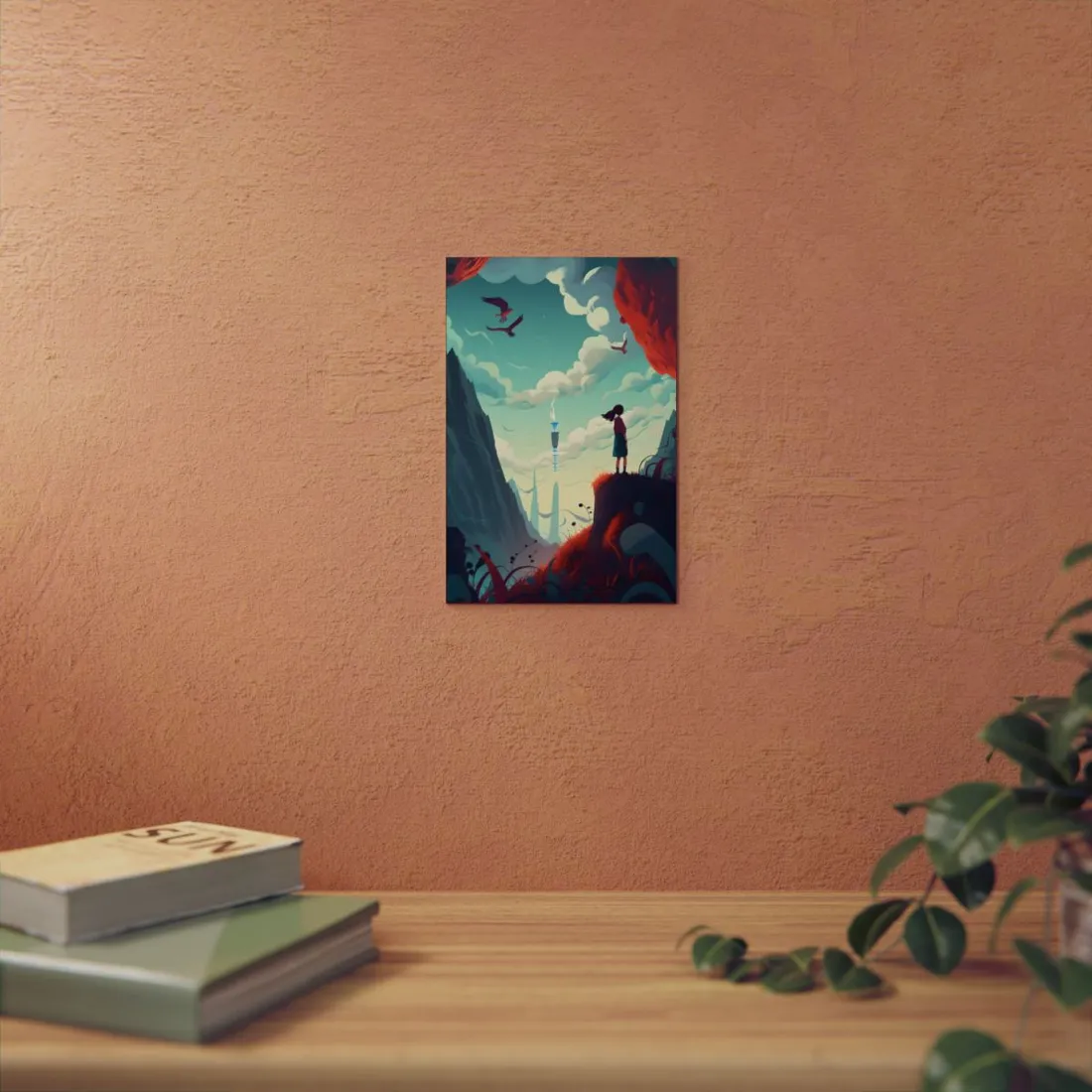 Girl on Cliff Overlooking Distant Tower: Fantasy Vista Art - Metal Poster