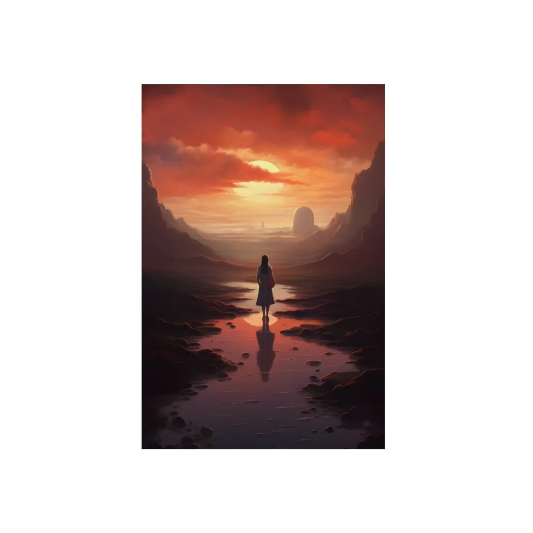 Girl on the Mirror Path: Dusk Mountain Landscape - Metal Poster