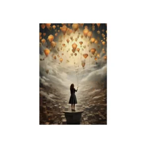 Woman Holding Balloons Above City Metal Poster