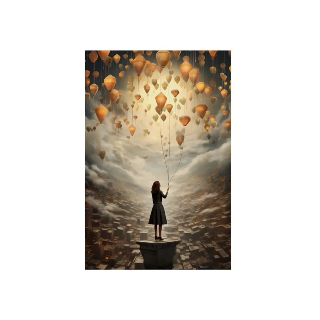 Girl Standing Among Floating Lanterns Above the Clouds - Metal Poster