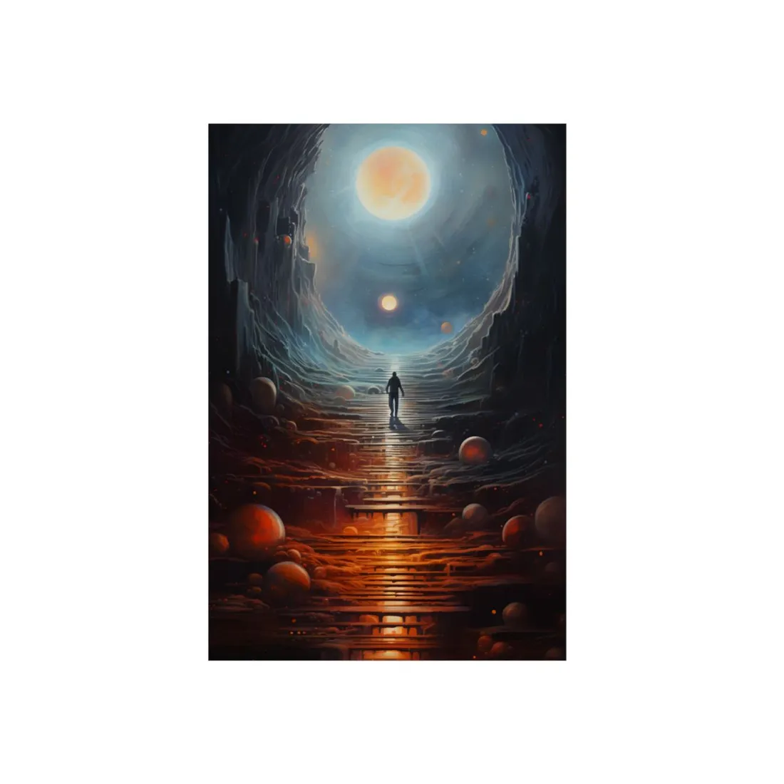 Glowing Cave Passage: Figure Approaching Orange Orb - Metal Poster
