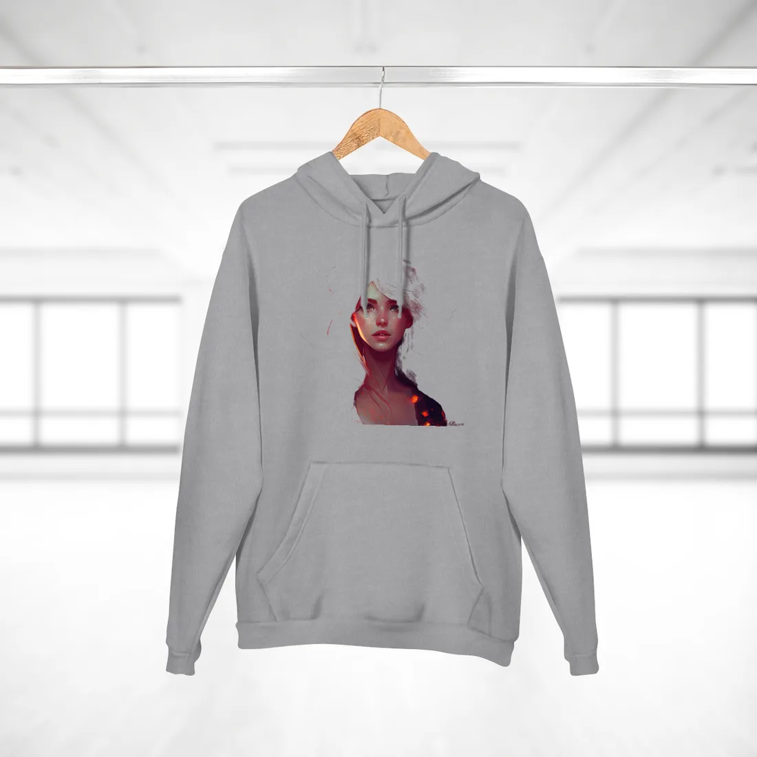 Woman with flowing red hair amid fiery orange glow and floating embers – Hoodie, heather grey, detail view