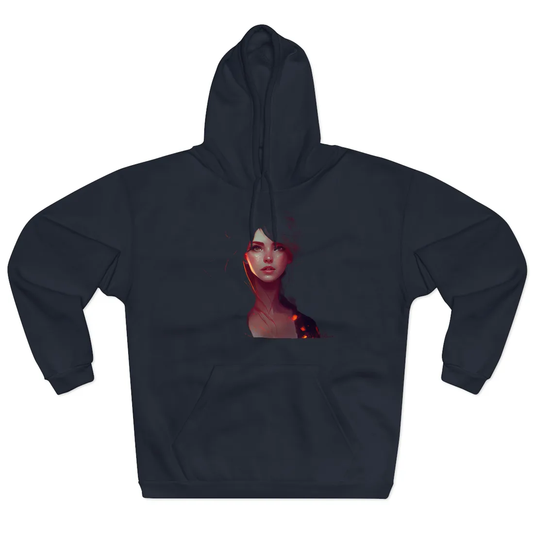 Woman with flowing red hair amid fiery orange glow and floating embers – Hoodie, navy, detail view