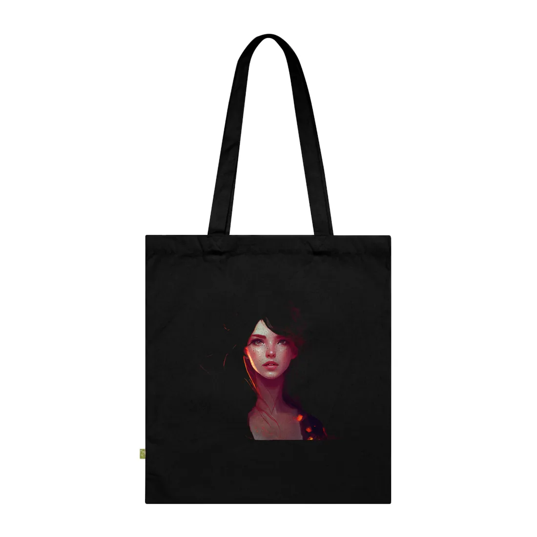 Woman with flowing red hair amid fiery orange glow and floating embers – Tote Bag, black, detail view