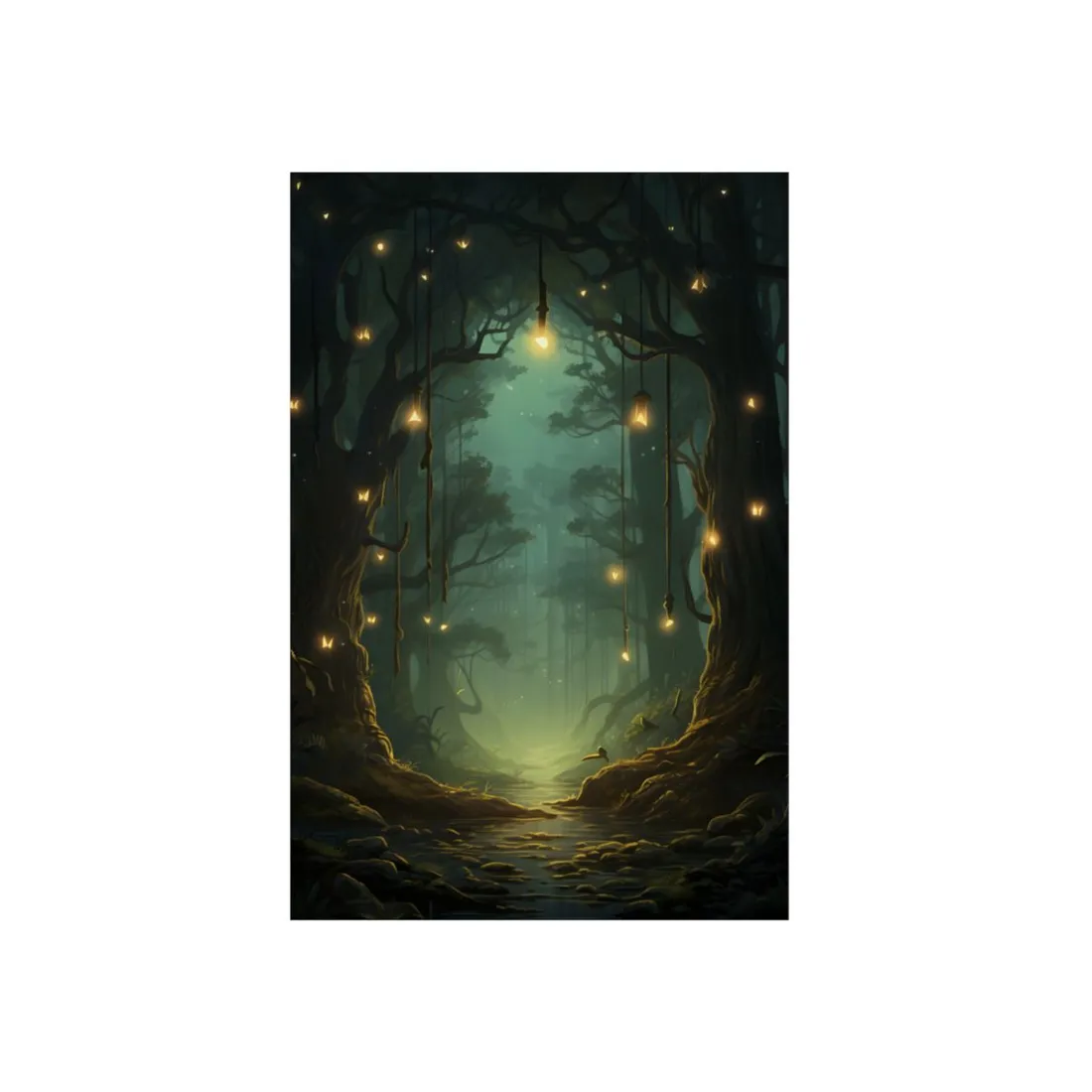 Glowing Green Forest Path: Magical Night Scene - Metal Poster