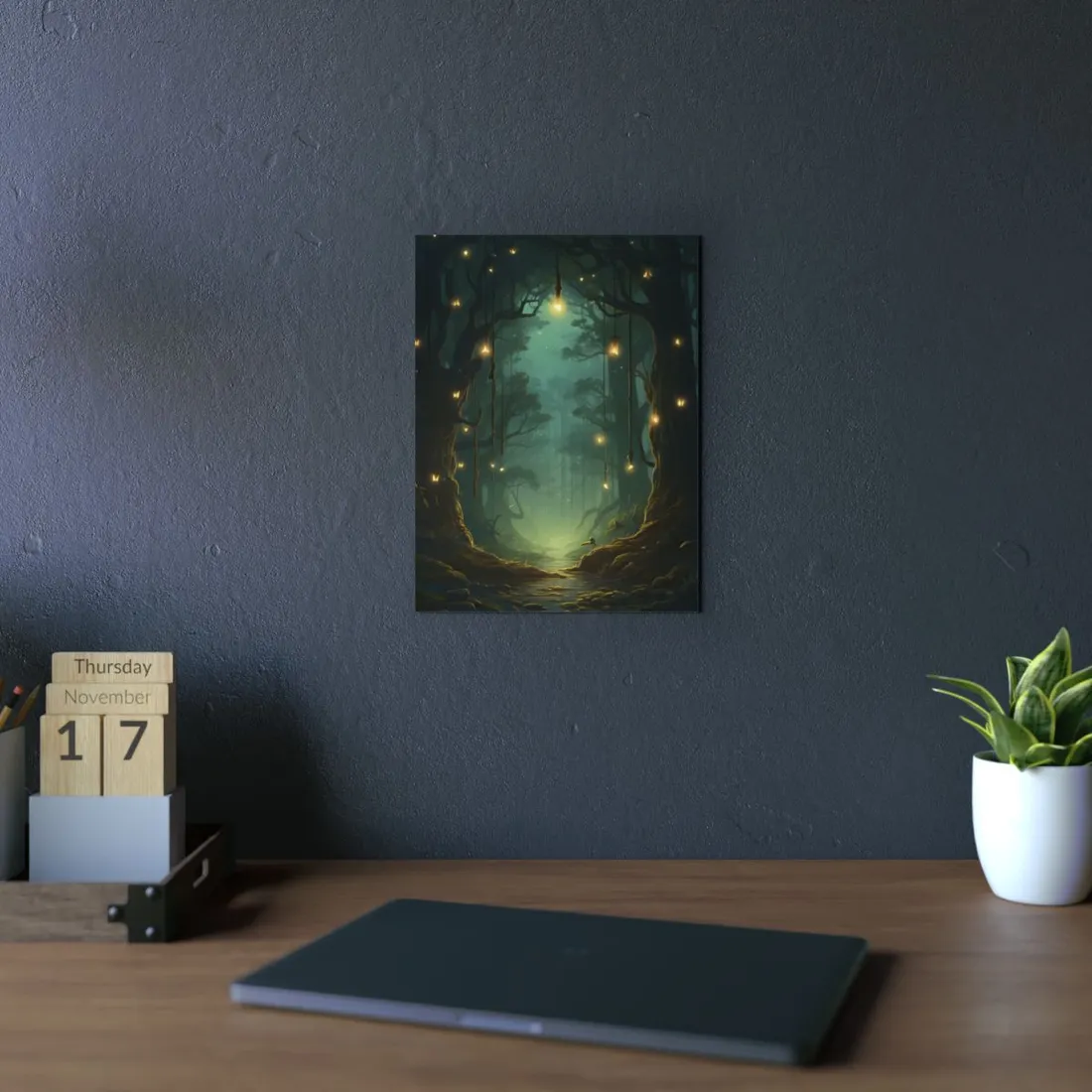 Glowing Green Forest Path: Magical Night Scene - Metal Poster