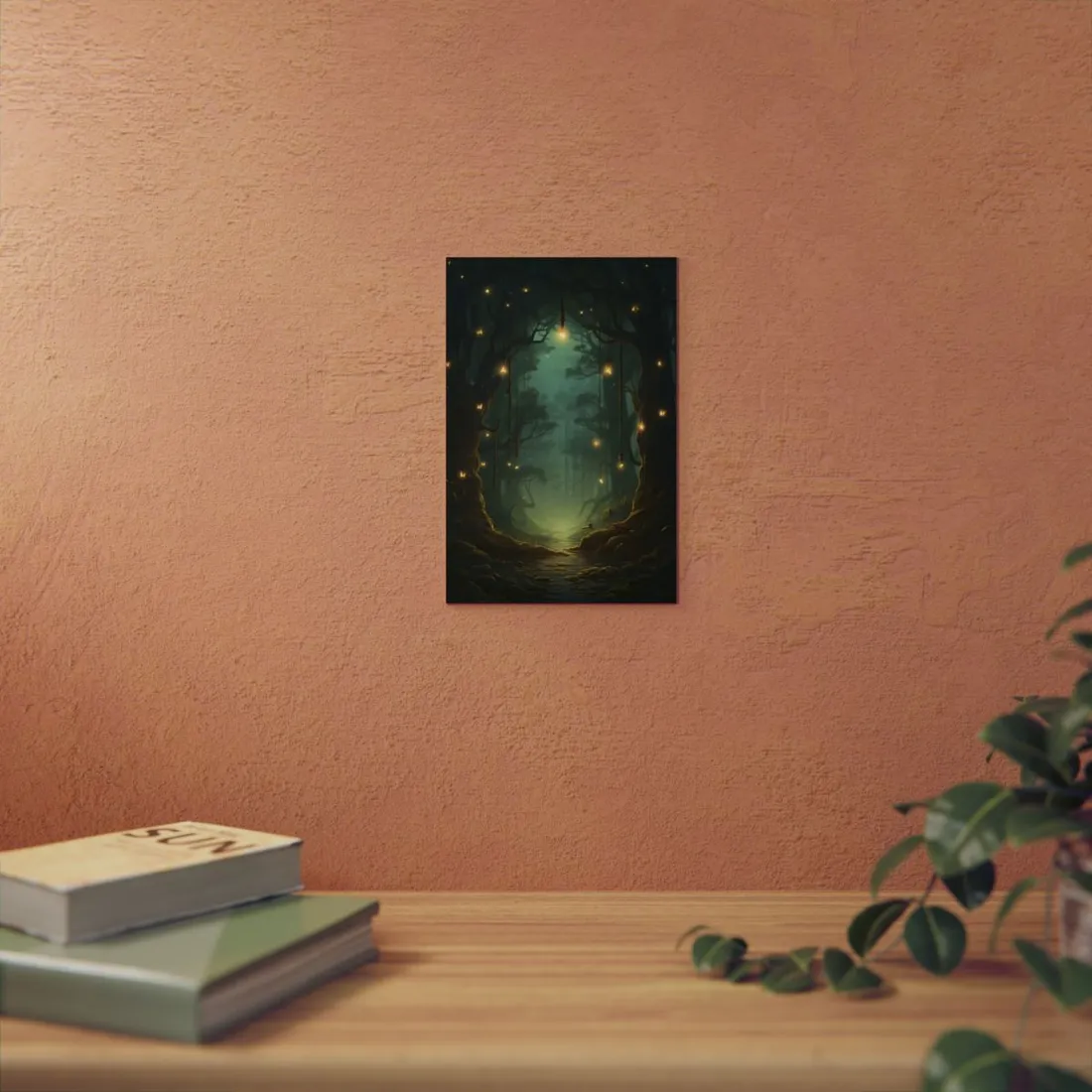 Glowing Green Forest Path: Magical Night Scene - Metal Poster