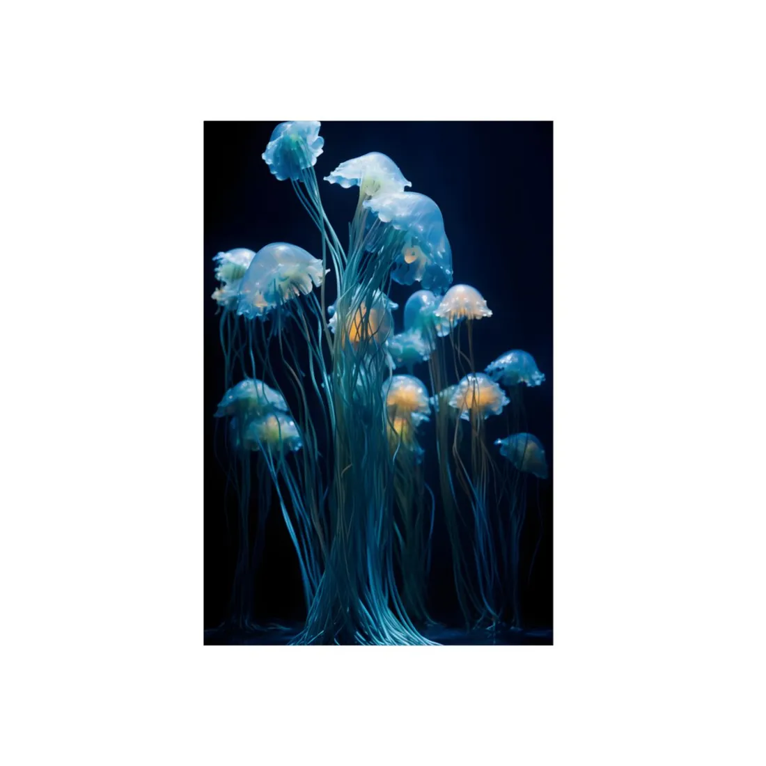 Glowing Jellyfish Cluster: Teal Bioluminescent Underwater Scene - Metal Poster