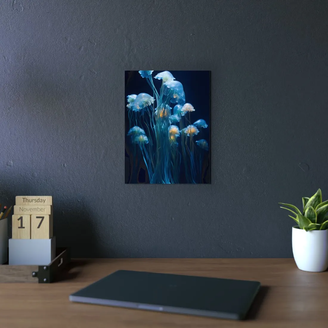 Glowing Jellyfish Cluster: Teal Bioluminescent Underwater Scene - Metal Poster