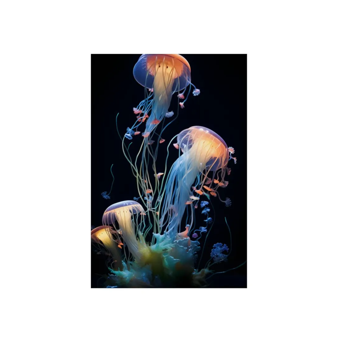 Glowing Jellyfish Duo: Bioluminescent Underwater Art - Metal Poster