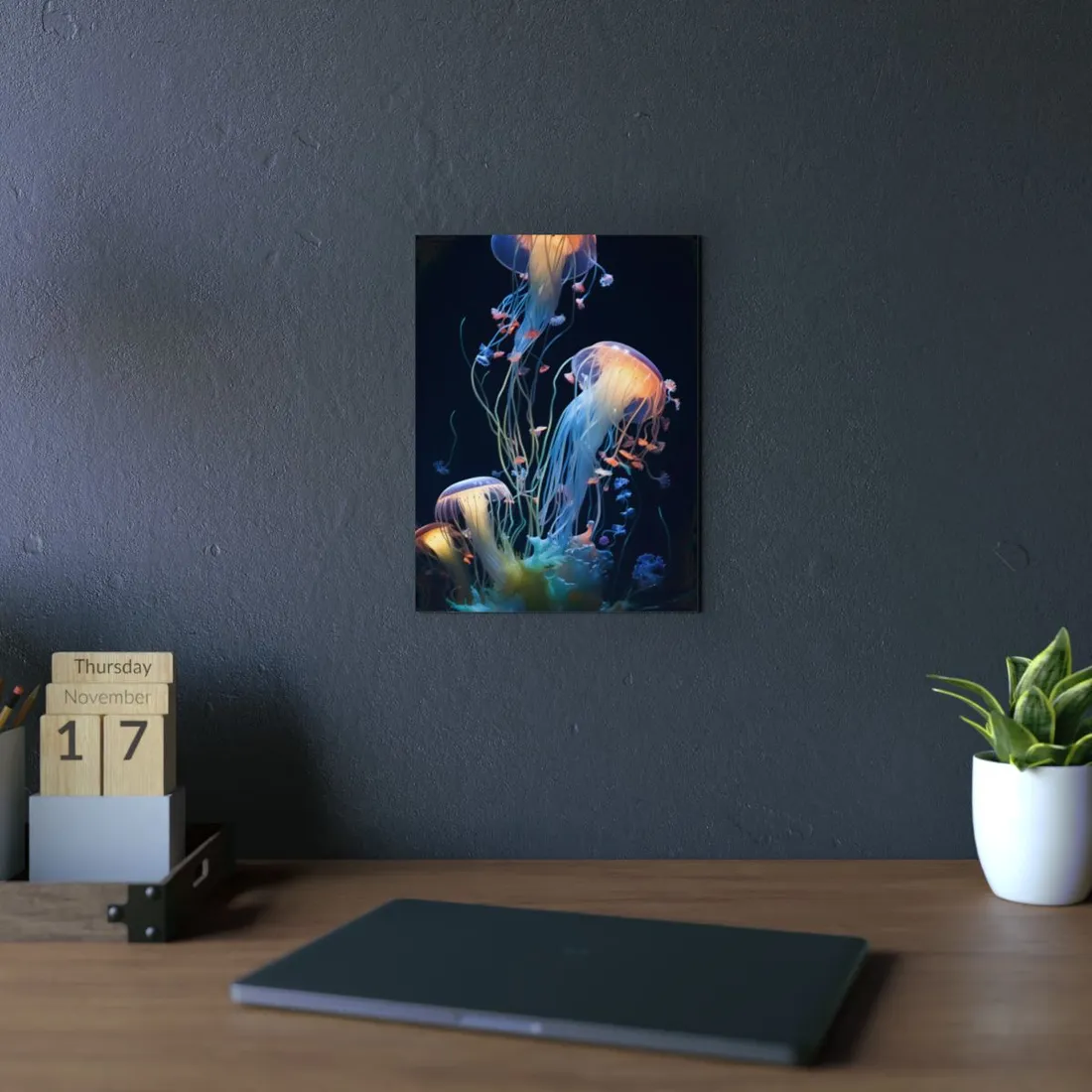 Glowing Jellyfish Duo: Bioluminescent Underwater Art - Metal Poster