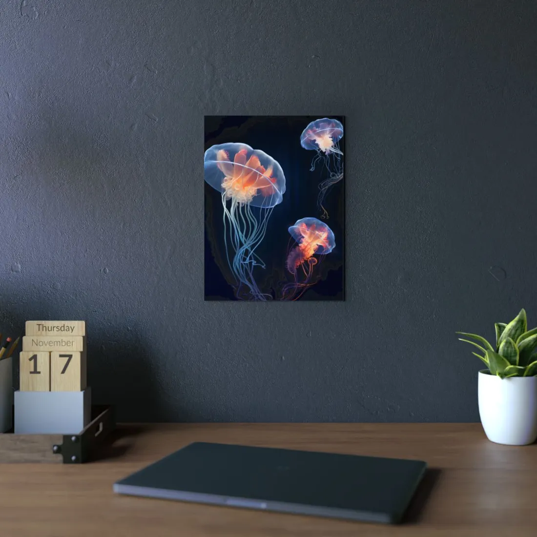 Glowing Jellyfish Duo: Bioluminescent Underwater Art - Metal Poster