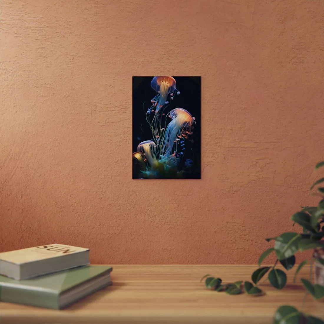 Glowing Jellyfish Duo: Bioluminescent Underwater Art - Metal Poster