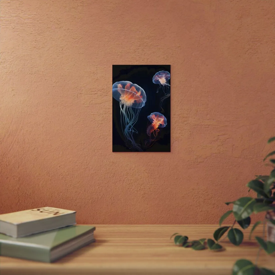 Glowing Jellyfish Duo: Bioluminescent Underwater Art - Metal Poster