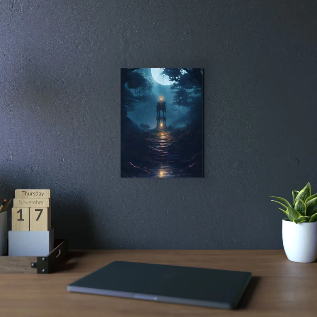 Glowing Shrine: Lantern-Lit Path Through a Dark Forest - Metal Poster