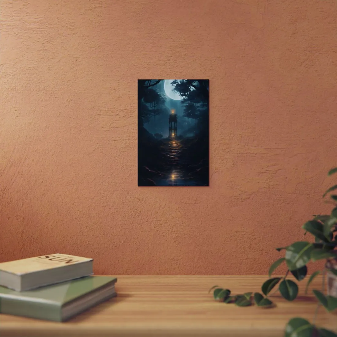 Glowing Shrine: Lantern-Lit Path Through a Dark Forest - Metal Poster