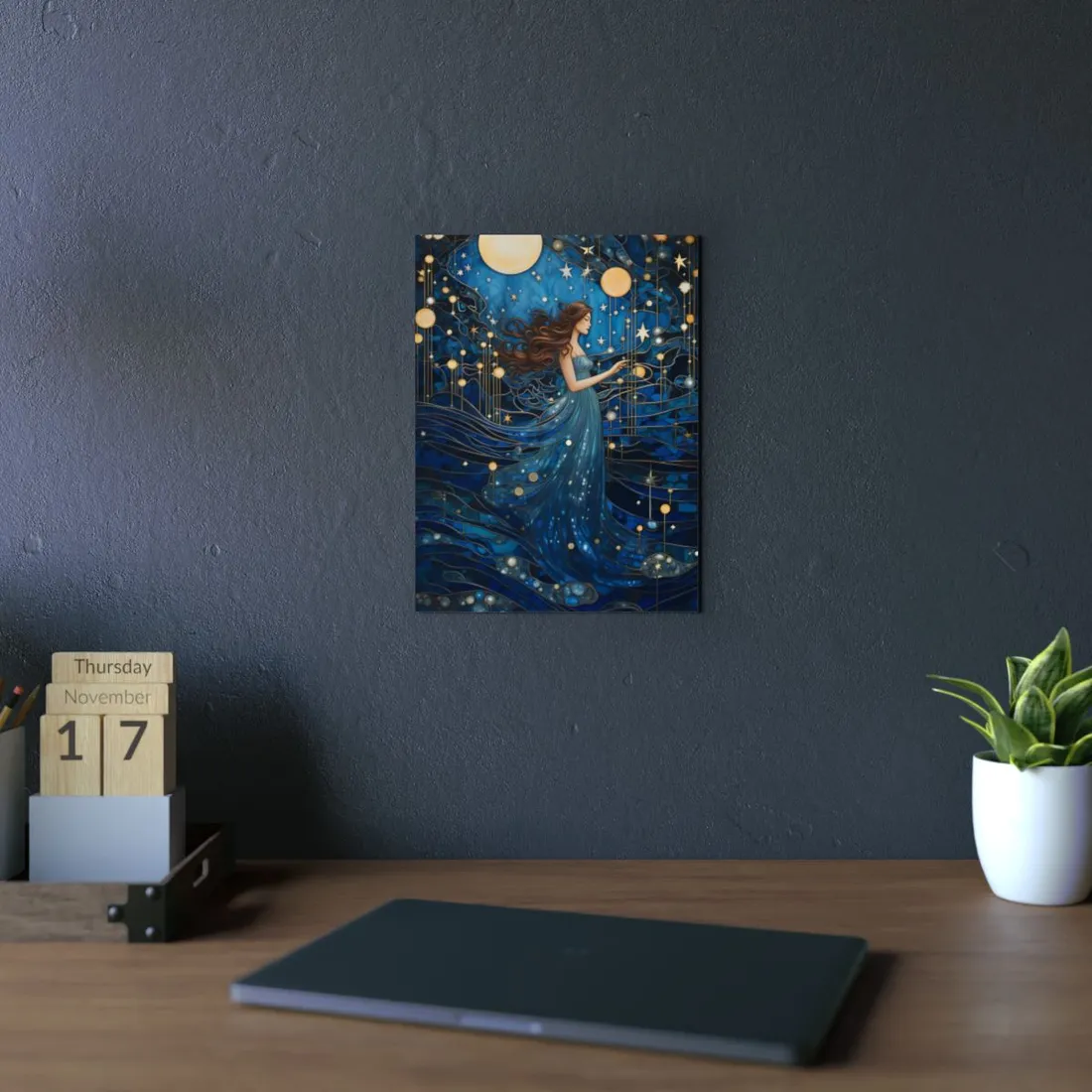 Goddess Reaching for Starlight: Blue Fantasy - Metal Poster