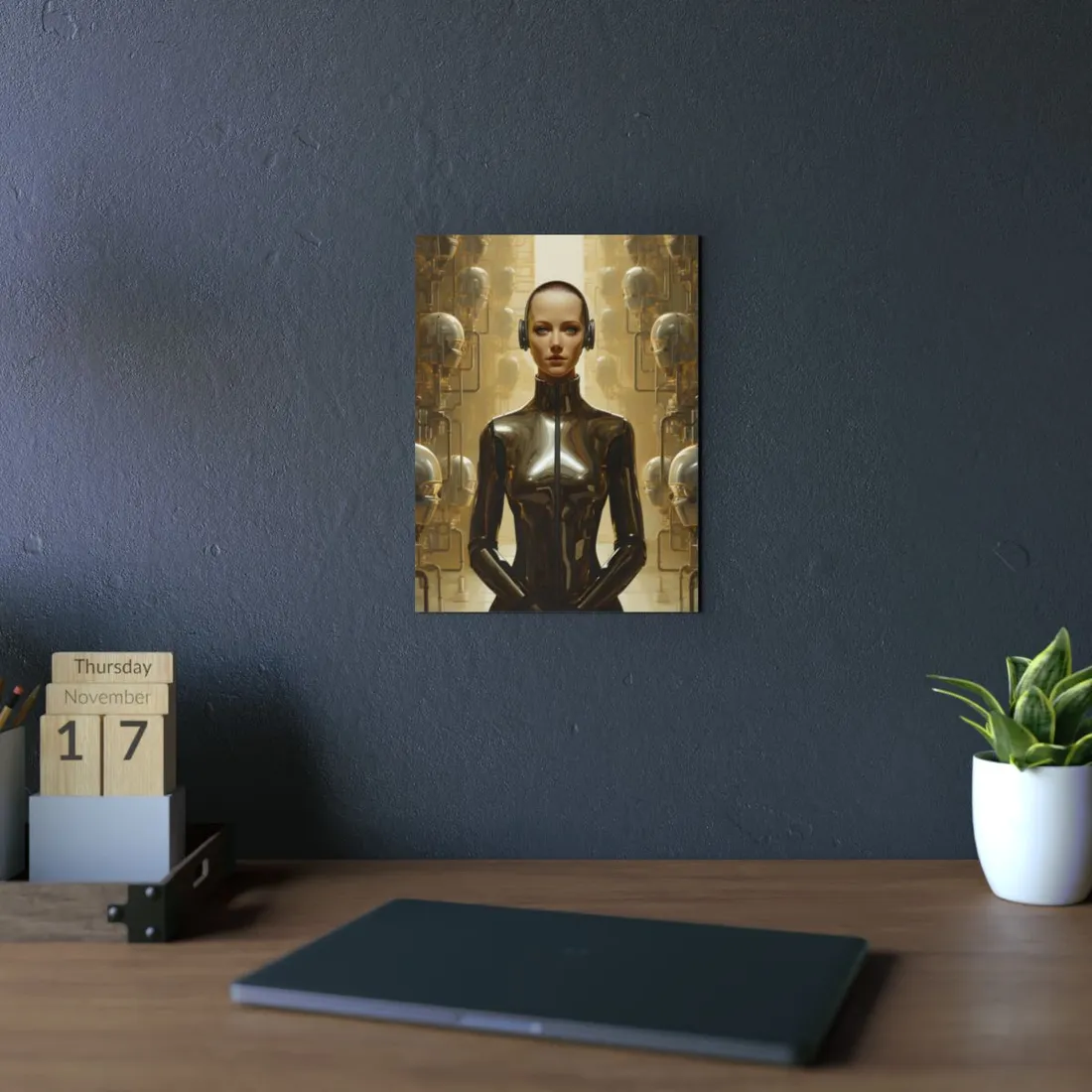 Golden Android: Metallic Robot Figure Portrait - Metal Poster